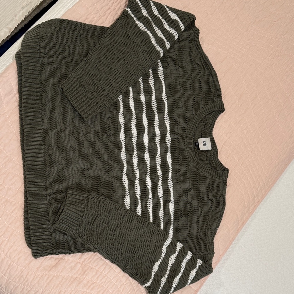 CAbi Olive and White Striped Sweater